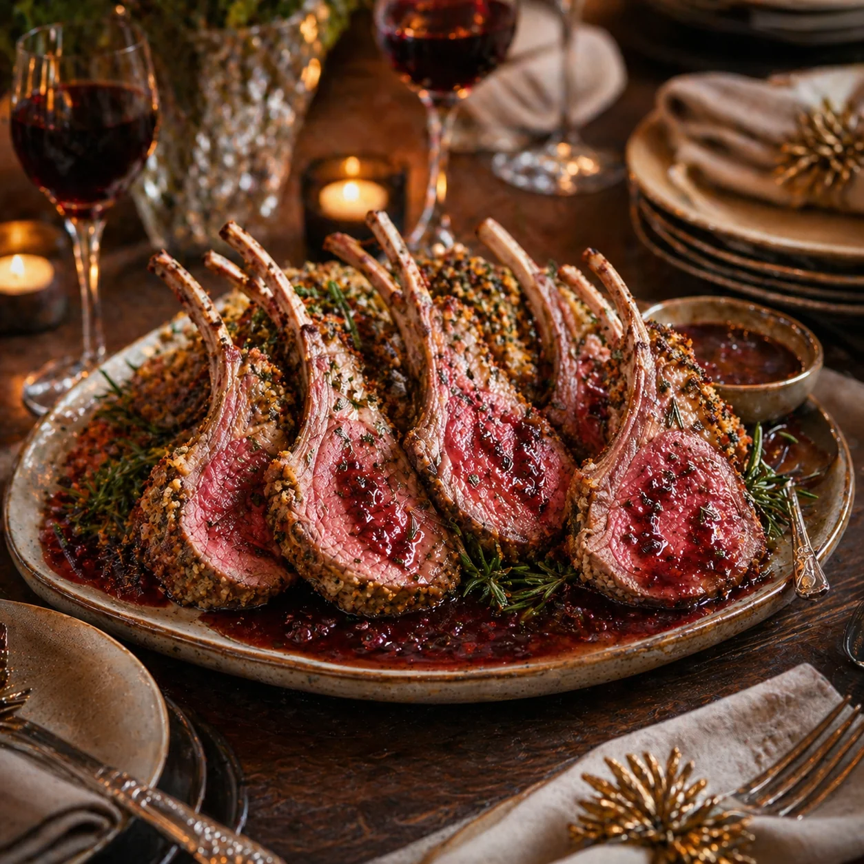 Herb-Crusted Rack of Lamb with Garlic Red Wine Sauce