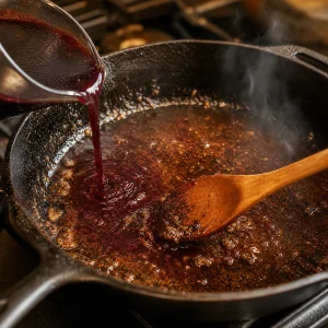 Rotwein und Rinderbruehe loesen die Roeststoffe in der Pfanne