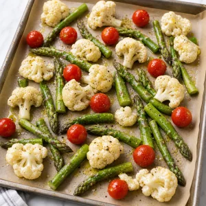 Couve-flor, espargos e tomates prontos para assar