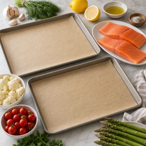 Dois tabuleiros com papel vegetal, salmao e legumes