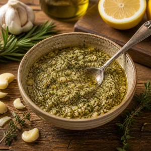 Pasta z ziół, czosnku i musztardy w misce z rozmarynem, cytryną i oliwą