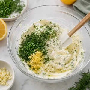 Cream cheese mixed with garlic, dill, chives, lemon zest, and lemon juice in a bowl.