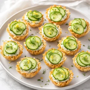 Herbed cream cheese cucumber tarts topped with dill and lemon zest on a serving plate.