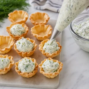 Mini tartlet shells being filled with herbed cream cheese mixture.