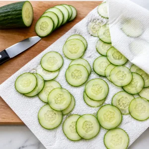 Thin English cucumber rounds sliced and drying on paper towels.