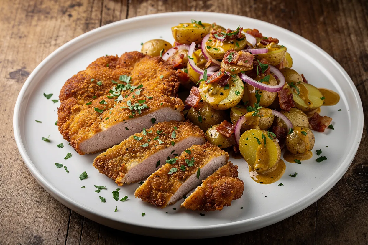 Cotoletta di maiale alle erbe con insalata di patate tedesca