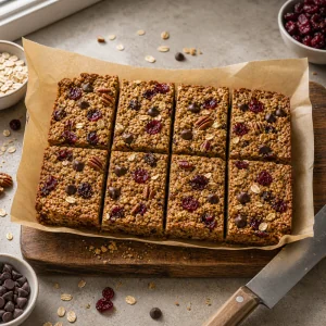 Baked oatmeal bars cut into eight squares on parchment