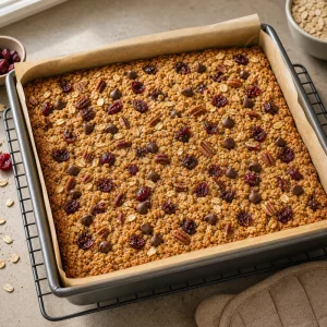 Golden baked oatmeal slab cooling in a parchment-lined square pan