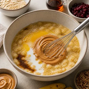 Mashed bananas whisked with peanut butter, eggs, milk and syrup