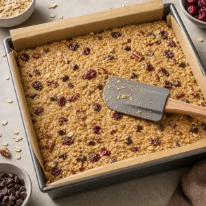 Oatmeal bar batter pressed evenly into a parchment-lined pan