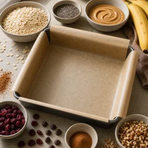 Parchment-lined square pan with oats, bananas and peanut butter nearby