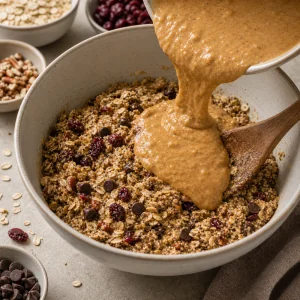 Peanut butter banana mixture poured into oats with cranberries and chips