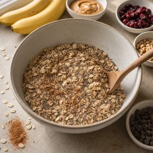 Rolled oats, chia seeds and cinnamon mixed in a ceramic bowl