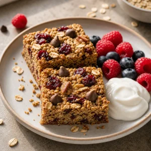Two oatmeal breakfast bars served with Greek yogurt and fresh berries