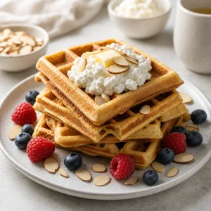 Gaufres à la farine d’amande servies avec cottage, amandes et baies.