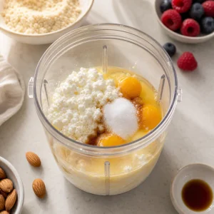 Cottage cheese, œufs, vanille et édulcorant mixés presque lisses.