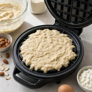 Pâte épaisse à la farine d’amande cuisant dans un gaufrier chaud.