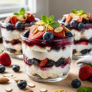 Parfaits frios de cottage e frutos vermelhos com amendoas, limao e hortela.