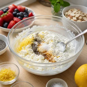 Queijo cottage e iogurte grego misturados com chia, raspa de limao e baunilha.