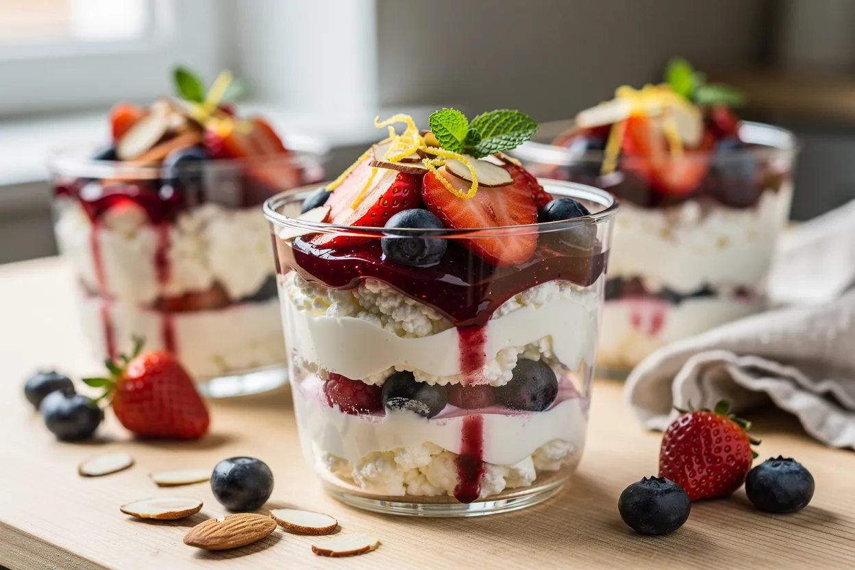 Parfait Proteico de Cottage, Limão e Frutos Vermelhos