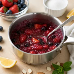 Frutos vermelhos cozinhando em compota brilhante com limao ao lado.
