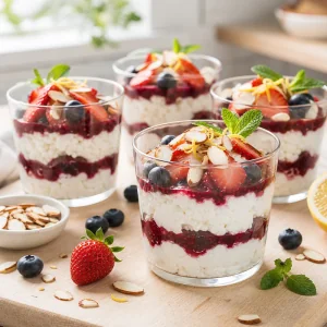 Copos de parfait em camadas com compota, creme de cottage, amendoas e hortela.