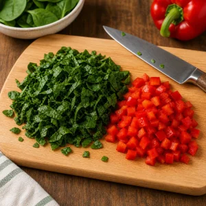 Chopped spinach and red bell peppers on a cutting board