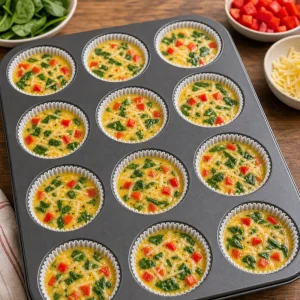 Egg and vegetable mixture poured into muffin cups