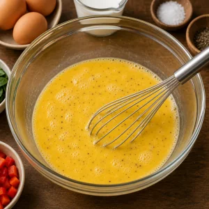 Eggs and milk whisked with salt and pepper in a bowl