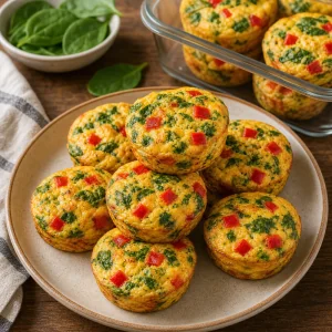 Finished egg muffins served on a plate with extra muffins nearby