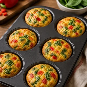 Golden baked egg muffins puffed in a muffin tin