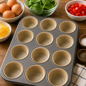 Lined muffin tin with eggs, spinach, peppers, and cheese nearby