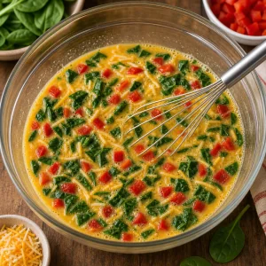 Vegetables and shredded cheese stirred into egg mixture
