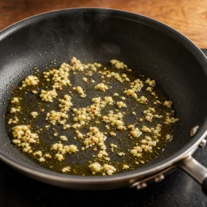 Ail hache qui gresille dans l huile d olive