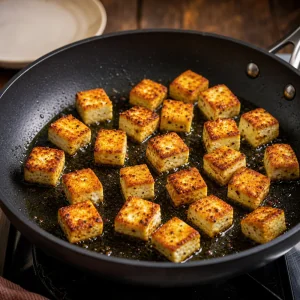 Cubes de paneer dores dans une poele