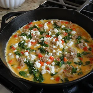 Frittata mixture setting in the skillet before it goes into the oven.
