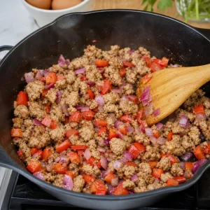 Turkey sausage sautéed with diced red onion and red bell pepper.