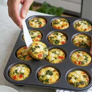 Upieczony muffin jajeczny delikatnie oddzielany od formy plastikowa szpatulka