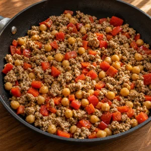Tacchino rosolato con peperone rosso e ceci in padella