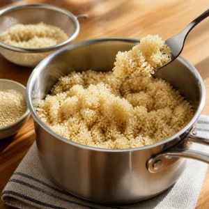 Quinoa cotta e soffice sollevata con una forchetta in un piccolo pentolino