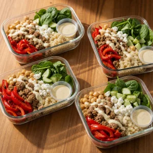 Quattro contenitori di tacchino e quinoa con feta e salsa allo yogurt