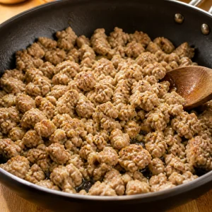 Tacchino macinato che rosola con aglio in padella