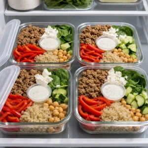 Contenitori meal prep con tacchino e quinoa pronti per il frigorifero