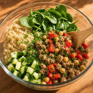 Quinoa, spinaci, cetriolo, tacchino, ceci e prezzemolo in una ciotola