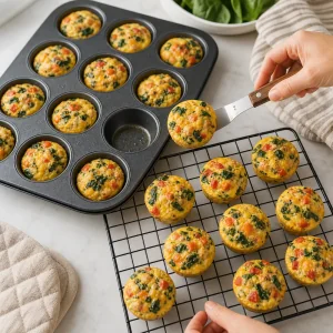Gebackene Mini-Eiermuffins kühlen nach kurzer Ruhezeit auf einem Gitter ab