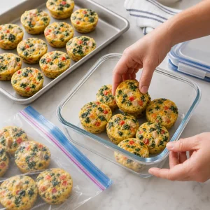 Abgekühlte Eiermuffins mit Pute und Käse für Kühlschrank oder Gefrierfach verpackt