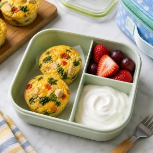 Kita-Portion mit Mini-Eiermuffin, Obst und Joghurt