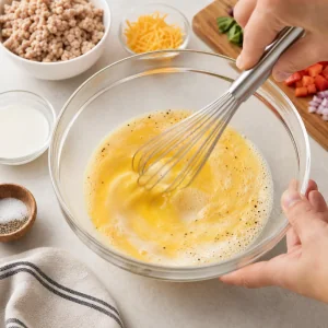 Eier mit Milch und Gewürzen für herzhafte Mini-Muffins verquirlt