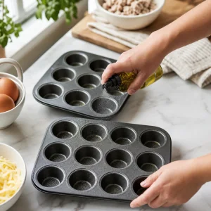 Mini-Muffinformen werden für Eiermuffins mit Pute und Käse eingefettet