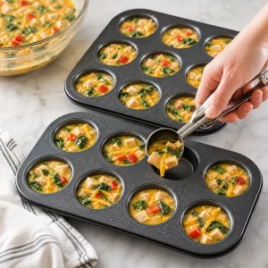 Eiermasse mit Pute und Cheddar wird in Mini-Muffinformen gefüllt